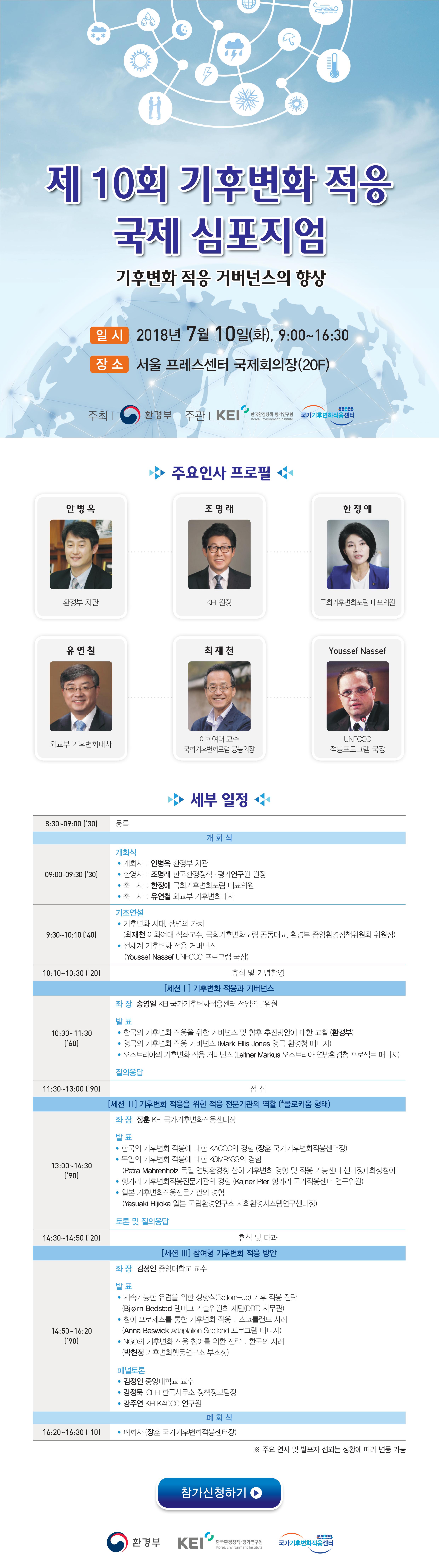 제 10회 기후변화 적응 국제 심포지엄  기후변화 적응 거버넌스의 향상 일시 : 2018년 7월 10일(화),9:00 ~16:30 장소 : 서울 프레스 센터 국제회의장(20F) 주최 : 환경부 ,주관: KEI 환경정책평가연구원,kaccc국가기후변화적응센터 주요인사 프로필 : 안병옥(환경부 차관),조명래(KEI원장),한정애(국가기후변화포럼 대표의원),유연철(외교부 기후변화대사),최재천(이화여대 교수 국화기후변화포럼 공동의장),Youssef Nassef(UFCCC적응프로그램 국장) 세부일정 8:30~9:00('30) 등록 개회식 09:00~09:30('30) 개회식 개회사 : 안병옥 환경부 차관,환영사 : 조명래 한국환경정책 평가연구원 원장,축사 : 한정애 국회기후변화포럼 대표의원,축사 : 유연철 외교부 기후변화대사 09:30~10:10('40) 기조연설 기후변화 시대 생명의 가치(최재천 이화여대 석좌교수,국회기후변화 포럼 공동대표,환경부 중앙환경정책위원회 위원장),전세계 기후변화 적응 거버넌스(Youssef Nassef UNFCCC 프로그램 국장) 10:10~10:30('20) 휴식 및 기념촬영 [세션 I] 기후변화 적응과 거버넌스 10:30~11:30('60) 좌장 송영일 KEI 국가기후변화적응센터 선임연구위원,발표 - 한국의 기후변화 적응을 위한 거버넌스 및 향후 추진방안에 대한 고찰(환경부),- 영국의 기후변화 적응 거버넌스 (Mark Ellis Jones영국 환경청 매니저),- 오스트리아의 기후변화 적응 거버넌스 (Leitner Markus 오스트리아 연방환경청 프로젝트 매니저), 질의 응답 11:30~13:00('90) 점심 [세션 II] 기후변화 적응르 위한 적응 전문기관의 역할(*콜로키움 형태) 13:00~14:30('90) 좌장 : 장훈 KEI 국가기후변화적응센터장,발표 - 한국의 기후변화 적응에 대한 KACCC의 경험 (장훈 국가기후변화적응센터장),- 독일의 기후변화 적응에 대한 KOMPASS의 경험 (Petra Mahrenholz 독일 연방 호나경청 산하 기후변화 영향 및 적응 기능센터 센터장)[화상참여],- 헝가리 기후변화적응전문기관의 경험 (Kajner Pter 헝가리 국가적응센터 연구위원),- 일본 기후변화적응전문기관의 경험 (Yasuaki Hijioka 일본 국립환경연구소 사회환경시스템연구센터장) 토론 및 질의응답 14:30~14:50('20) 휴식 및 다과 [세션 III]참여형 기후변화 적응 방안 14:50~16:20('90) 좌장 : 김정인 중앙대학교 교수, 발표 : - 지속가능한 유럽을 위한 상향식(Bottom-up) 기후적응 전략 (Bj rn Bedsted 덴마크 기술위원회 재단(DBT) 사무관),- 참여 프로세스를 통한 기후변화적응 : 스코틀랜드 사례(Anna Beswick Adaptation Scolland 프로그램 매니저), - NGO의 기후변화 적응 참여를 위한 전략 : 한국의 사례(박현정 기후변화행동연구소 부소장),패널토론: 김정인 중앙대학교교수,강정묵 ICLEI 한국사무소 정책정보팀장, 강주연 KEI KACCC 연구의원 폐회식 16:20~16:30('10) 폐회사( 장훈 국가기후변화적응센터장) ※주요 연사 및 발표자 섭외는 상황에 따라 변동 가능 참가신청하기 환경부,kei 한국환경정책평가연구원,kaccc국가기후변화적응센터