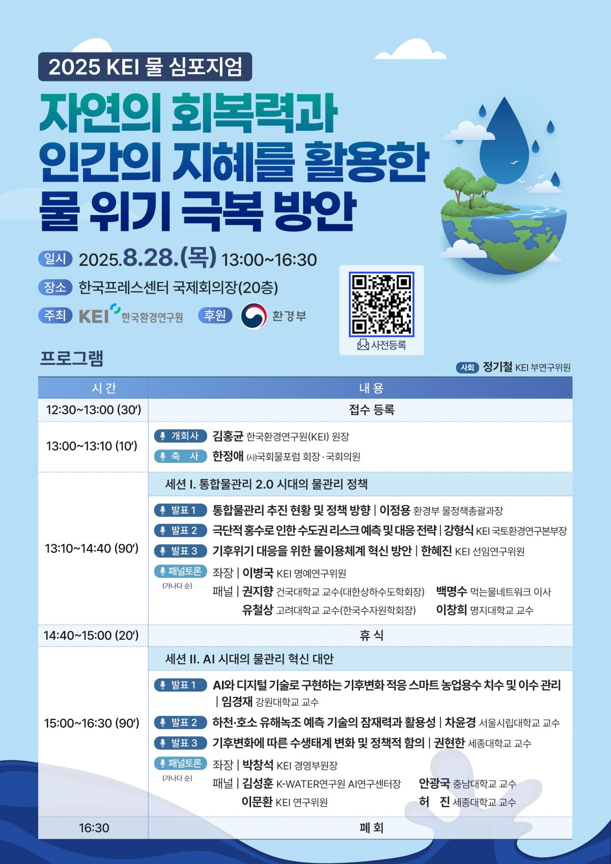 2025 KEI 물 심포지엄
자연의 회복력과 인간의 지혜를 활용한 물 위기 극복 방안
일시 2025.8.28.(목) 13:00~16:30
장소
한국프레스센터 국제회의장(20층)
주최
KEI
한국환경연구원
후원
환경부
사전등록
사회
정기철 KEI 부연구위원
프로그램
시간
12:30~13:00 (30')
내용
접수 등록
개회사
김홍균 한국환경연구원(KEI) 원장
13:00~13:10 (10')
축사
한정애 (사)국회물포럼 회장·국회의원
세션 1. 통합물관리 2.0 시대의 물관리 정책
발표 1
통합물관리 추진 현황 및 정책 방향 | 이정용 환경부 물정책총괄과장
발표 2
극단적 홍수로 인한 수도권 리스크 예측 및 대응 전략 | 강형식 KEI 국토환경연구본부장
13:10~14:40 (90')
발표 3
기후위기 대응을 위한 물이용체계 혁신 방안 | 한혜진 KEI 선임연구위원
패널토론
좌장 | 이병국 KEI 명예연구위원
(가나다 순)
패널
| 권지향 건국대학교 교수(대한상하수도학회장)
백명수 먹는물네트워크 이사
유철상 고려대학교 교수(한국수자원학회장)
이창희 명지대학교 교수
14:40~15:00 (20')
휴식
세션 II. AI 시대의 물관리 혁신 대안
발표 1
AI와 디지털 기술로 구현하는 기후변화 적응 스마트 농업용수 치수 및 이수 관리 | 임경재 강원대학교 교수
15:00~16:30 (90') 발표 2
발표 3
기후변화에 따른 수생태계 변화 및 정책적 함의 | 권현한 세종대학교 교수
하천·호소 유해녹조 예측 기술의 잠재력과 활용성 | 차윤경 서울시립대학교 교수
패널토론
좌장 박창석 KEI 경영부원장
(가나다 순)
패널 | 김성훈 K-WATER연구원 AI연구센터장
안광국 충남대학교 교수
이문환 KEI 연구위원
폐회
허진 세종대학교 교수
16:30