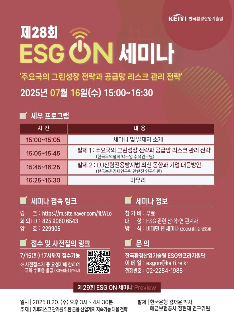 KEINI 한국환경산업기술원
제28회
ESGON 세미나
'주요국의 그린성장 전략과 공급망 리스크 관리 전략'
2025년 07월 16일(수) 15:00~16:30
세부 프로그램
시간
15:00~15:05
15:05~15:45
15:45~16:25
16:25~16:30
내용
세미나 및 발제자 소개
발제 1: 주요국의 그린성장 전략과 공급망 리스크 관리 전략 (한국무역협회 박소영 수석연구원)
발제 2: EU산림전용방지법 최신 동향과 기업 대응방안 (한국농촌경제연구원 안현진 연구위원)
마무리
세미나 접속 링크
링크: https://m.site.naver.com/1LWLO
회의 ID: 8259060 6543
암호: 229905
접수 및 사전질의 링크
7/15(화) 17시까지 접수가능
※ 사전접수자 중 요청자에 한하여 교육 수료증 발급 (80%이상 참석시)
세미나 정보
참가비 : 무료
대상: ESG 관련 산·학·연 관계자
방식: 비대면 웹 세미나 (ZOOM 온라인 생중계)
문의
한국환경산업기술원 ESG인프라지원단
이메일: esgon@keiti.re.kr
전화번호: 02-2284-1988
제29회 ESG ON 세미나 Preview
일시 | 2025.8.20.(수) 오후 3시~4시 30분
주제 | 기후리스크 관리를 위한 금융·산업계의 지속가능 대응 전략
발제 | 한국은행 김재윤 박사, 예금보험공사 정현재 연구위원